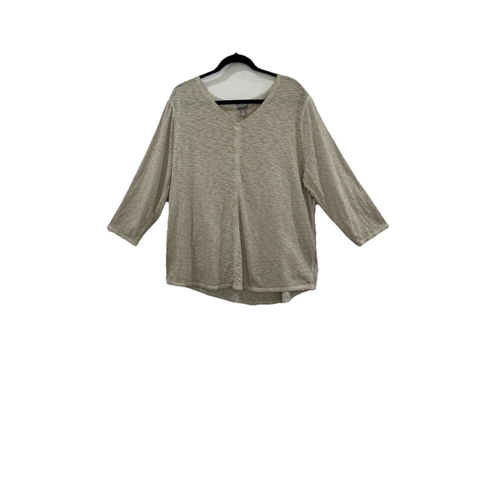 Chicos Sz 3 Womens XL Shirt V Neck 3/4 Sleeves Center Seam 100% Cotton
